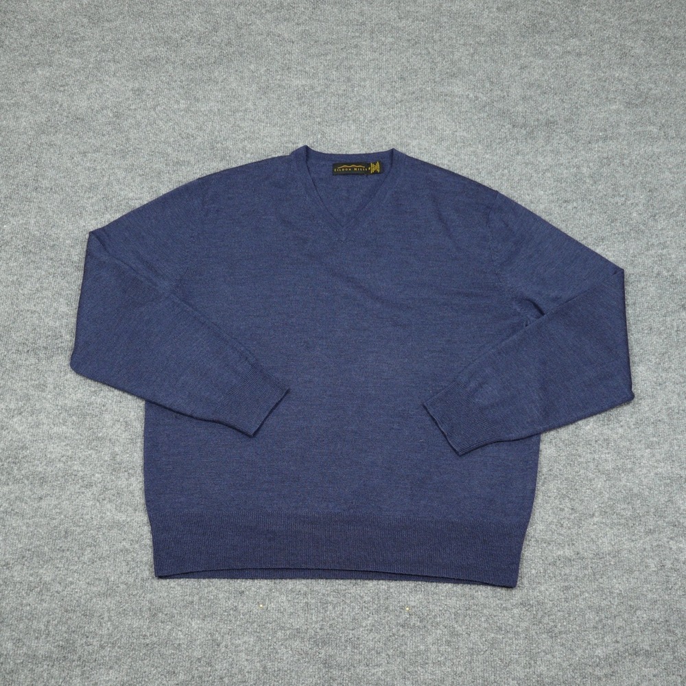Eildon Hills Sweater Mens XL Blue 100% Extrafine Merino Wool V-Neck Pullover